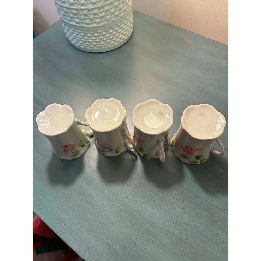 Vintage Porcelain Demitasse Cups Set of 4 Pink Floral Gold Trim Tea EspressoCups